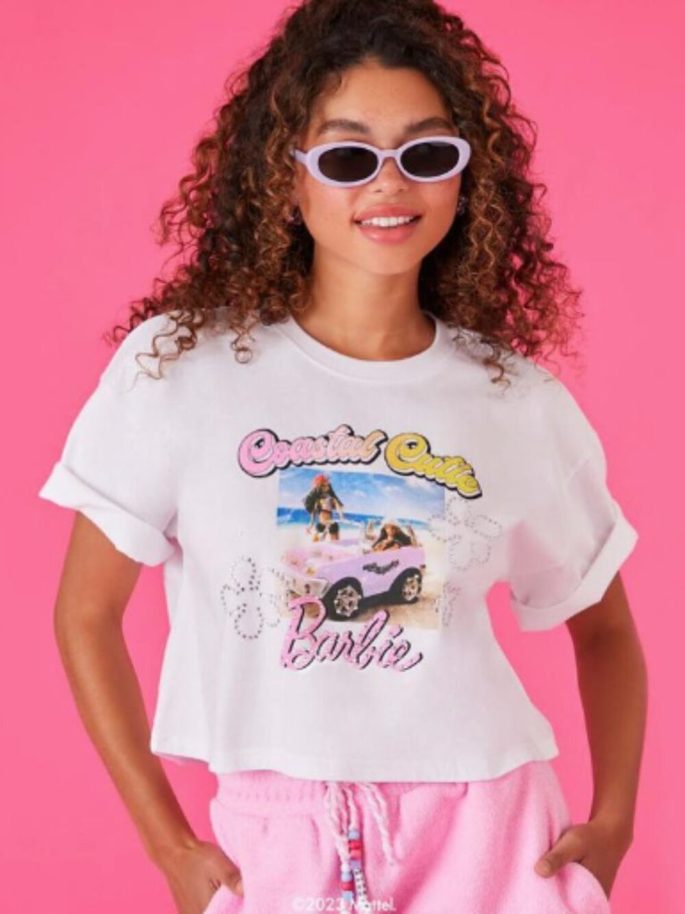 Forever 21 x Barbie Collab "Coastal Cutie Barbie" Cropped Cotton T-shirt | Large